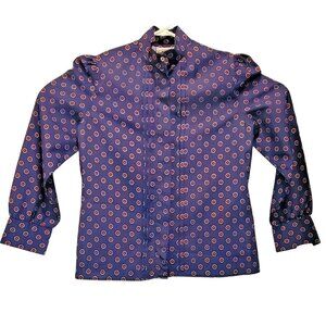 Vintage Santu Women's Banded Neck Red, White & Blue Puckered Sleeve Blouse